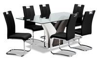  Ensemble de salle à manger Tuxedo 7 pièces avec table de 72 po (L), dessus en verre, base piédestal et 6 chaises - noir