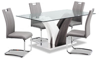 Ensemble de salle à manger Tuxedo 5 pièces avec table de 72 po (L), dessus en verre, base piédestal et 4 chaises - gris