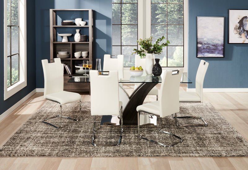 Ensemble de salle à manger Tuxedo 7 pièces avec table de 72 po (L), dessus en verre, base piédestal et 6 chaises - blanc