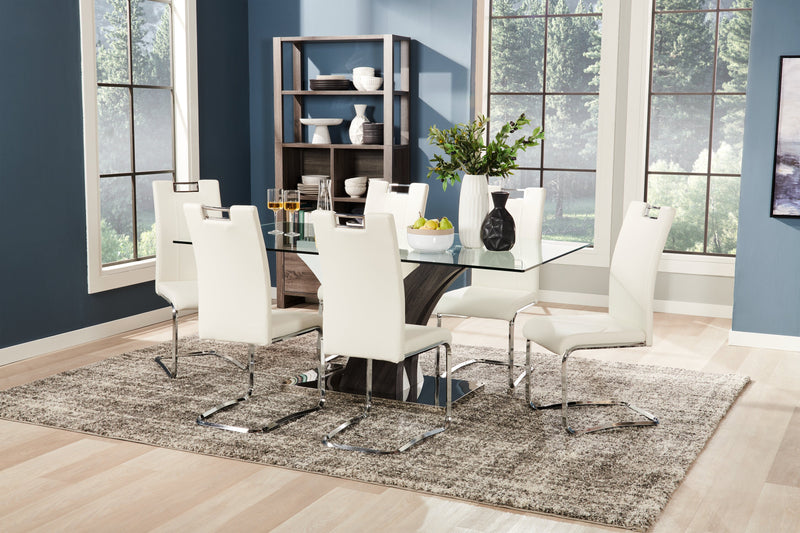Ensemble de salle à manger Tuxedo 7 pièces avec table de 72 po (L), dessus en verre, base piédestal et 6 chaises - blanc