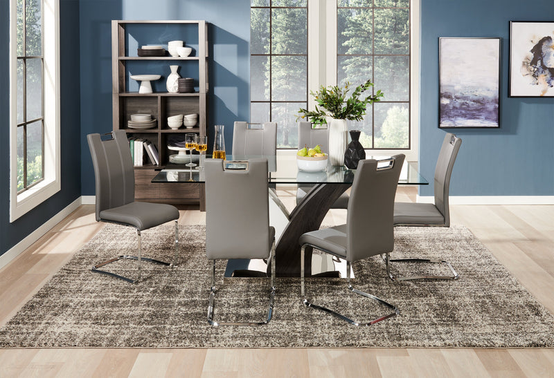 Table de salle à manger Tuxedo de 72 po (L) avec dessus en verre et base piédestal - grise et blanche