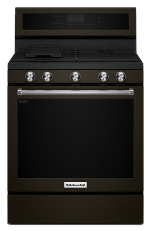 Cuisinière à gaz KitchenAid de 5,8 pi³ avec technologie AquaLiftMD et autonettoyage - acier inoxydable noir avec fini PrintShieldMC - KFGG500EBS