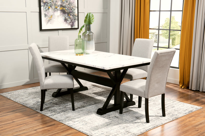 Table de salle à manger Verona de 70 po (L) avec dessus en marbre synthétique et base à tréteaux - blanche