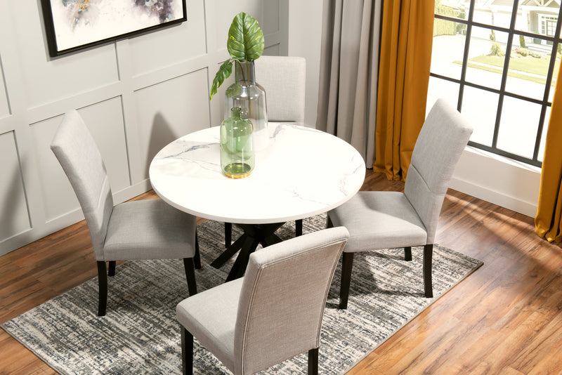 Table de salle à manger ronde Verona de 42 po (L) en métal avec dessus en marbre synthétique et base géométrique - blanche