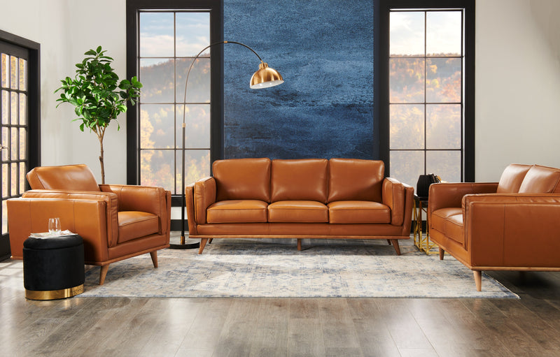 Fauteuil Vivia de 40 po en cuir véritable avec coussin de siège amovible et base en bois - brun caramel