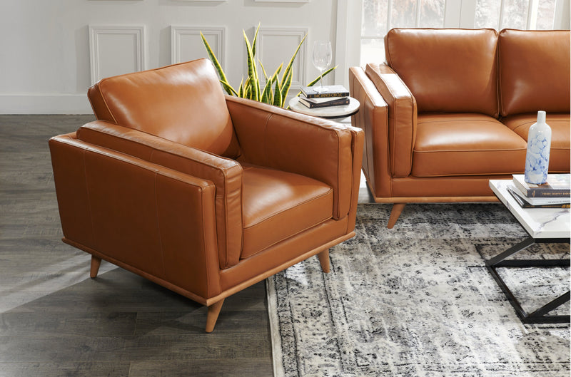 Fauteuil Vivia de 40 po en cuir véritable avec coussin de siège amovible et base en bois - brun caramel