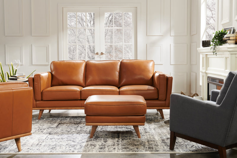 Pouf Vivia de 28 po en cuir véritable avec base en bois - brun caramel 