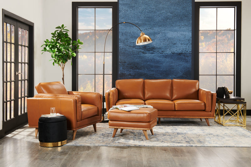 Pouf Vivia de 28 po en cuir véritable avec base en bois - brun caramel 