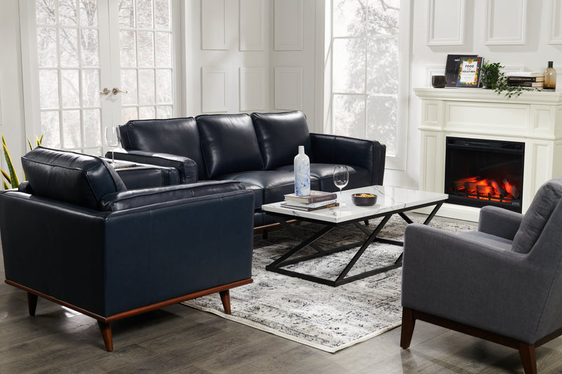 Fauteuil Vivia de 40 po en cuir véritable avec coussin de siège amovible et base en bois - bleu marine