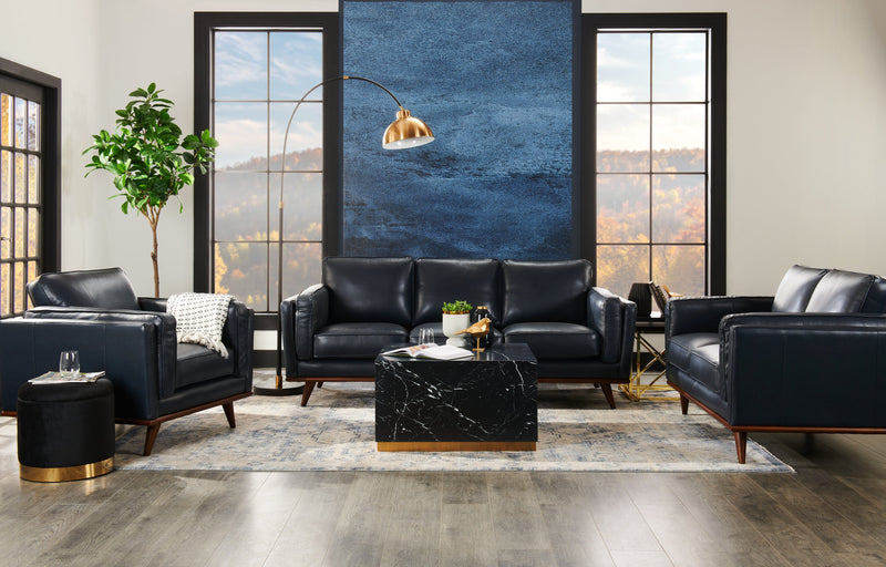 Causeuse Vivia de 63 po en cuir véritable avec coussins de siège amovibles et pattes en bois - bleu marine