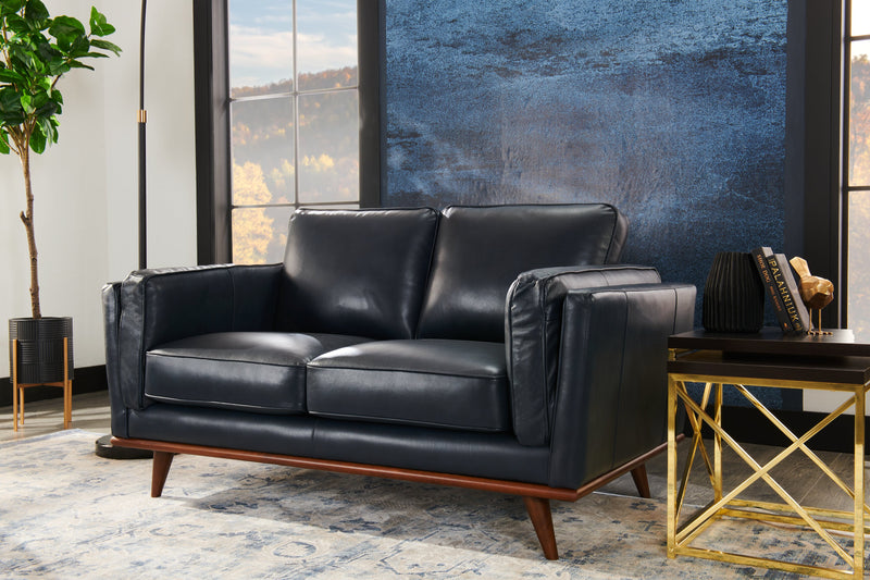 Causeuse Vivia de 63 po en cuir véritable avec coussins de siège amovibles et pattes en bois - bleu marine