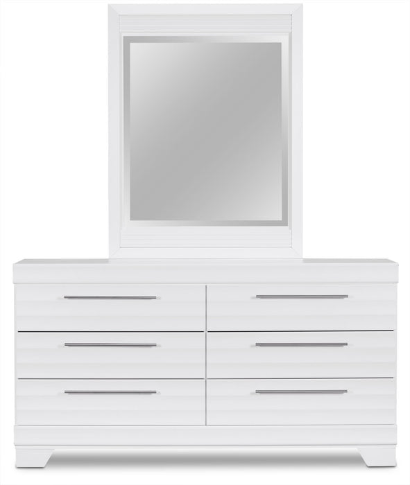 Ensemble de chambre à coucher Olivia 6 pièces fabriqué au Canada avec lit de rangement, commode, miroir et table de nuit, blanc - format lit double