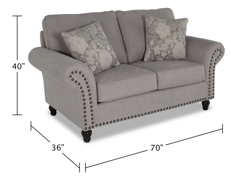 Causeuse Wynn de 70 po fabriquée au Canada en tissu de chenille avec bordure de clous décoratifs et pattes en oignon en bois - gris