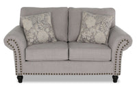  Causeuse Wynn de 70 po fabriquée au Canada en tissu de chenille avec bordure de clous décoratifs et pattes en oignon en bois - gris