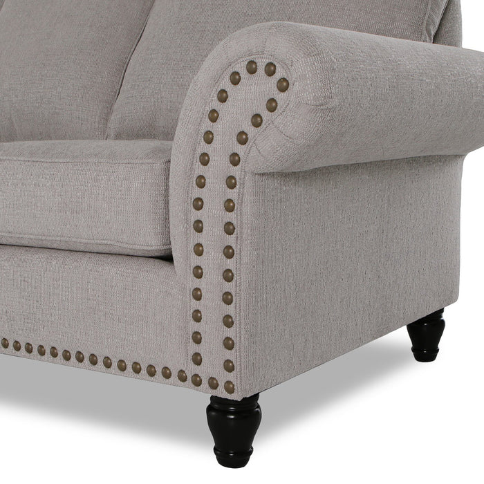 Sofa Wynn de 93 po fabriqué au Canada en tissu de chenille avec bordure de clous décoratifs et pattes en oignon en bois - gris