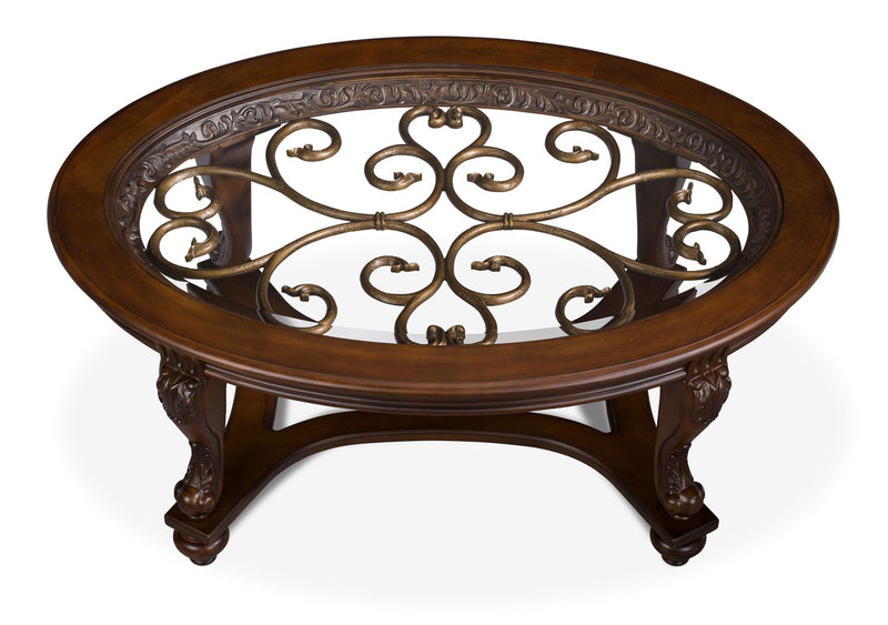 Table à café ovale traditionnelle Valencia de 48 po avec dessus en verre - bois brun foncé avec touches de filigrane